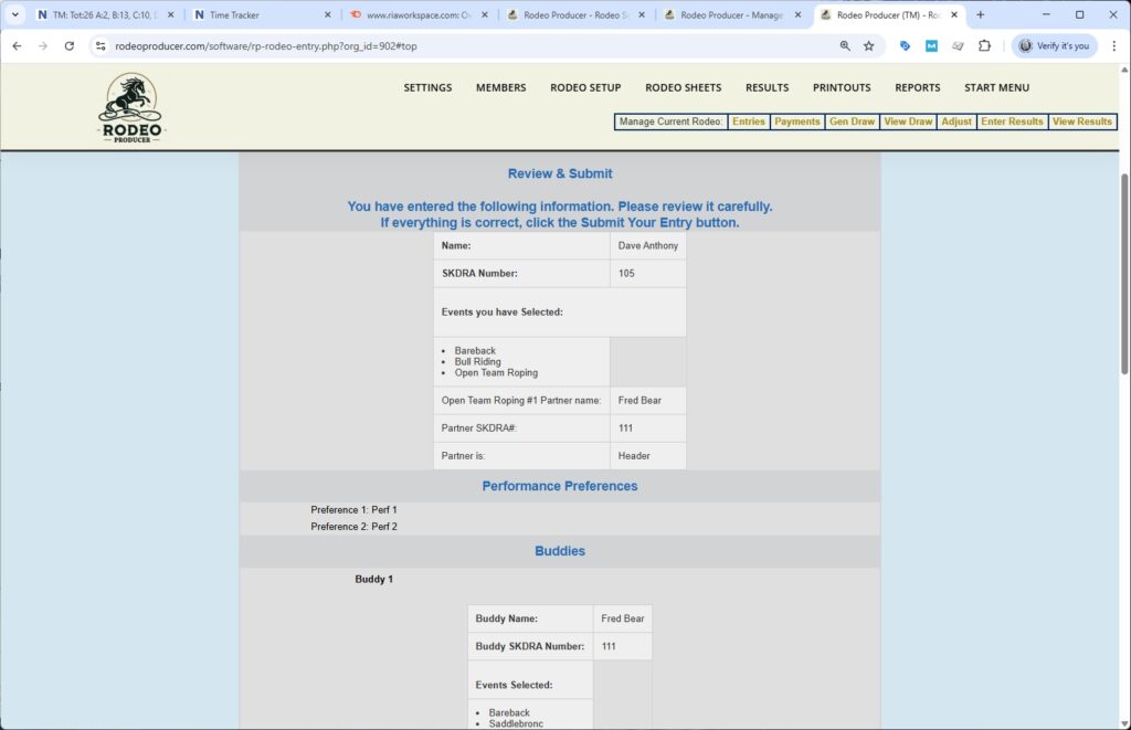 Rodeo Producer - Rodeo Setup - Entry by Admin - form - group - buddy - entry msg