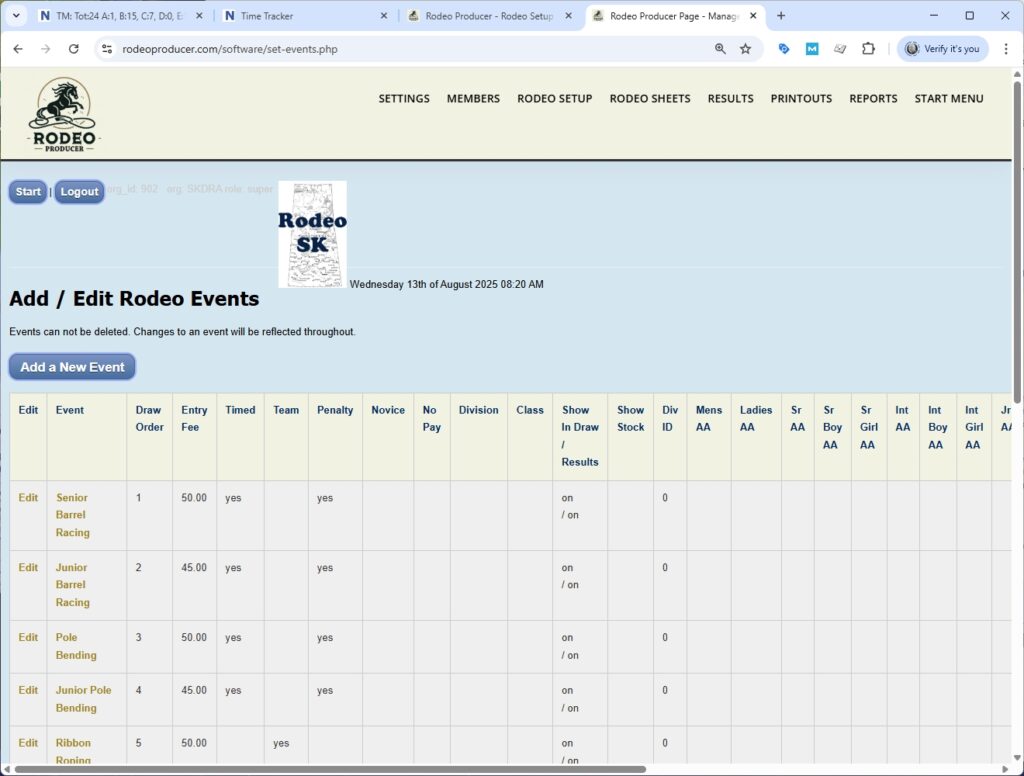 Rodeo Producer - Rodeo Setup - Set Events - Table