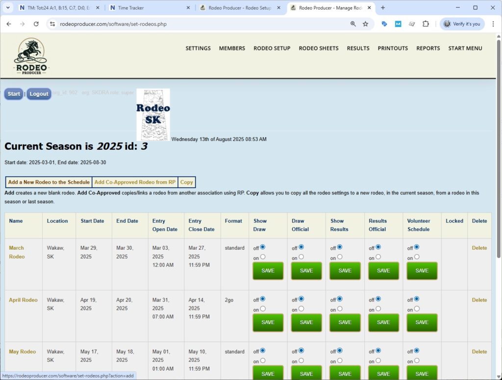 Rodeo Producer - Rodeo Setup - Set Rodeos - Table