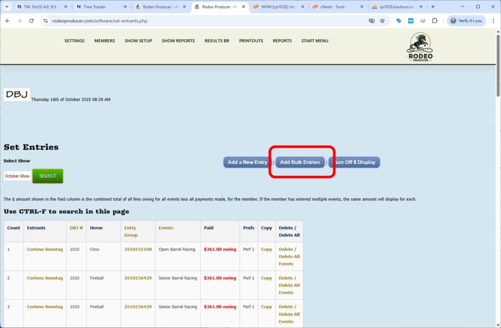 rodeo producer - advanced - bulk entries - barrels - bulk button