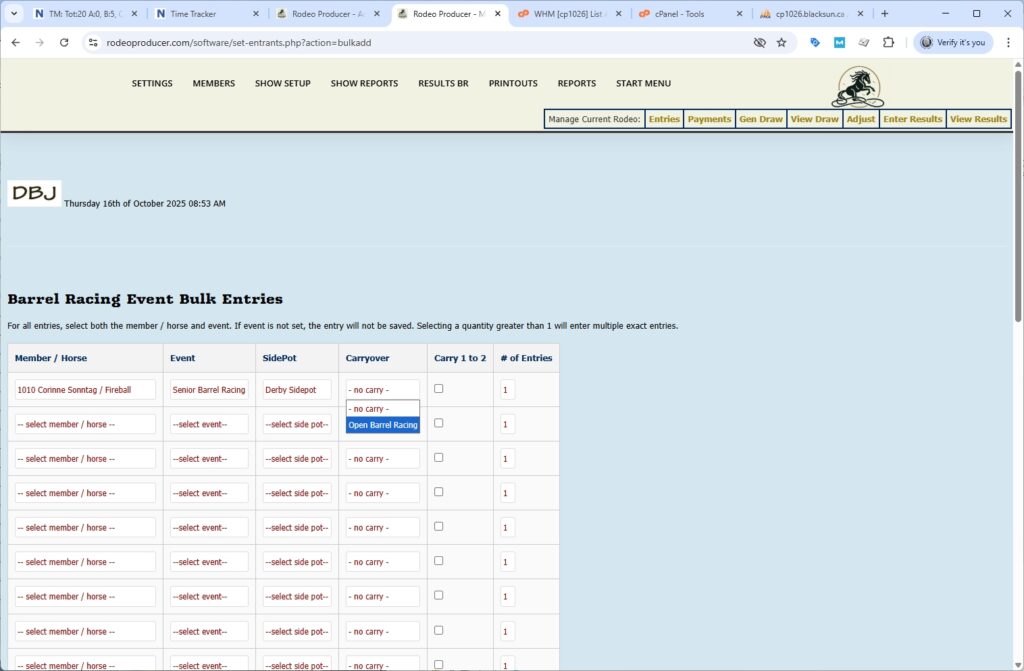 rodeo producer - advanced - bulk entries - barrels - carry-to