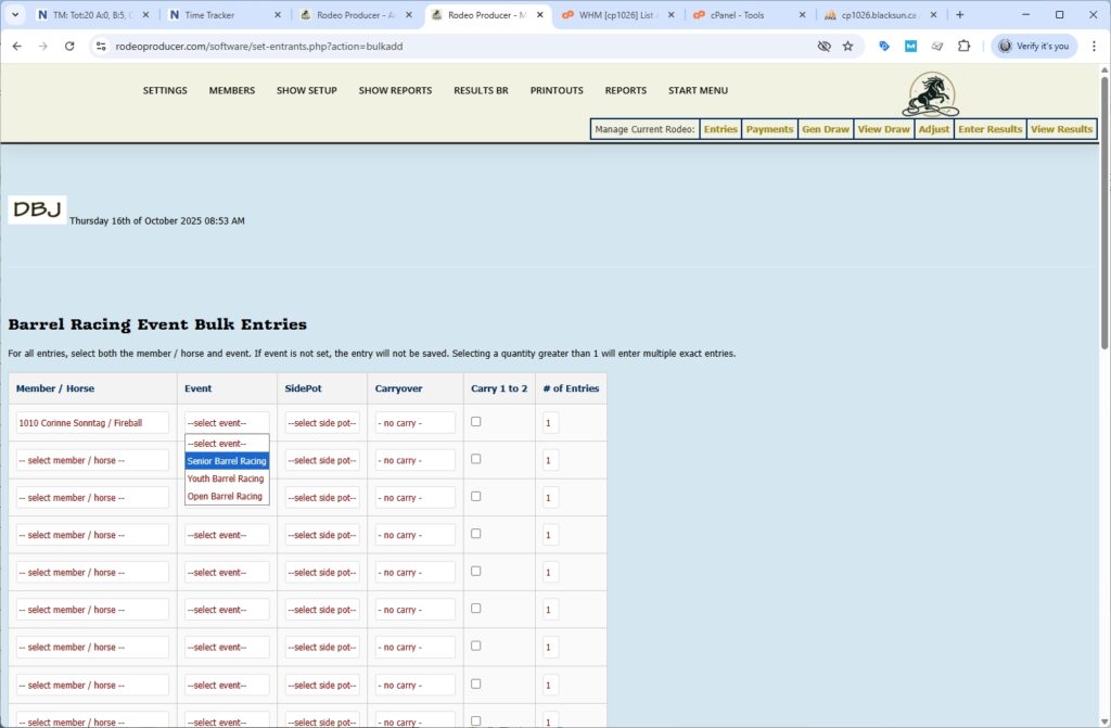 rodeo producer - advanced - bulk entries - barrels - event