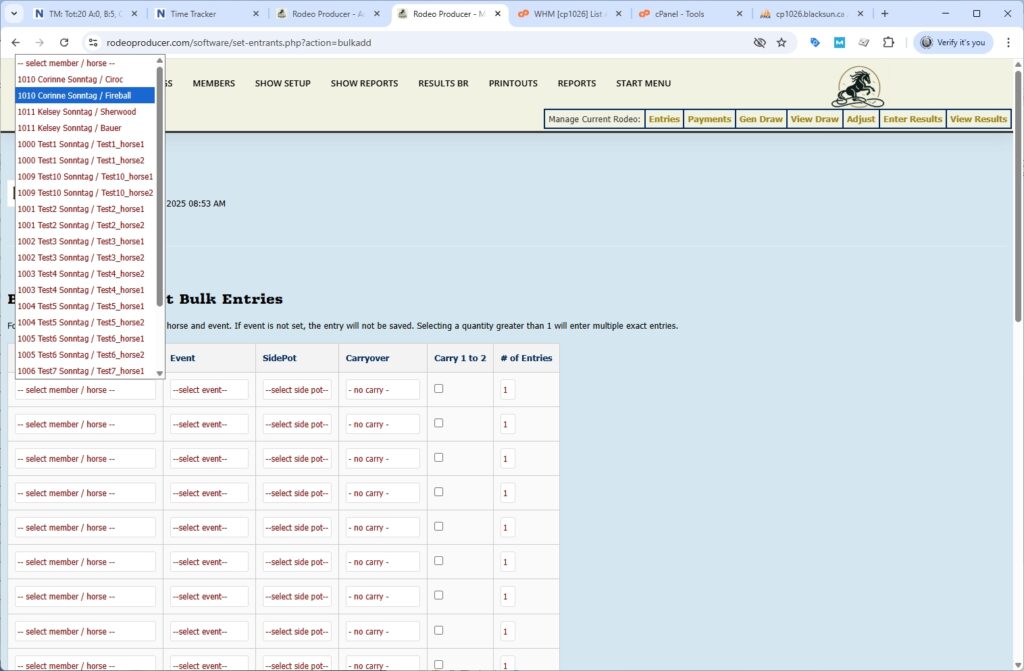 rodeo producer - advanced - bulk entries - barrels - member-horse