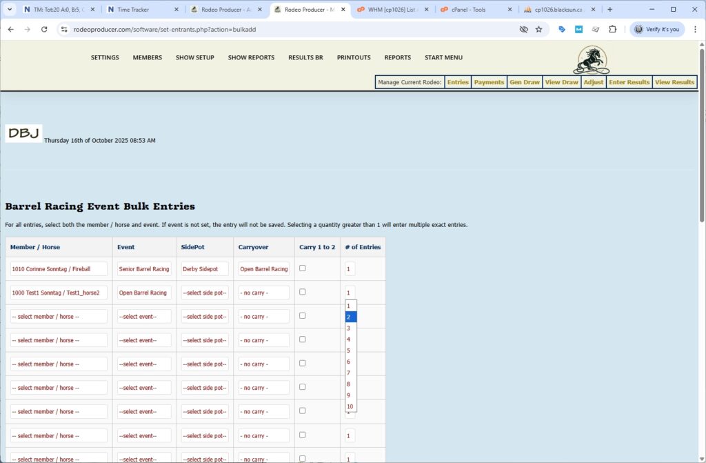 rodeo producer - advanced - bulk entries - barrels - multple