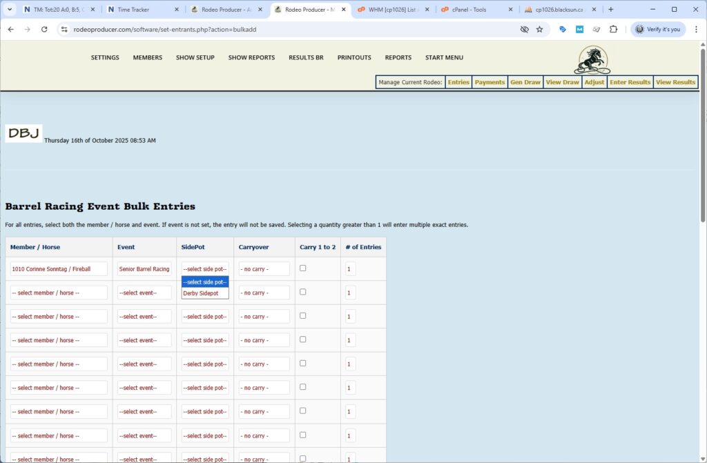rodeo producer - advanced - bulk entries - barrels - side-pot