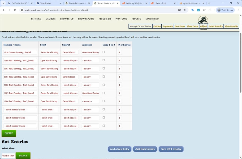 rodeo producer - advanced - bulk entries - barrels - submit