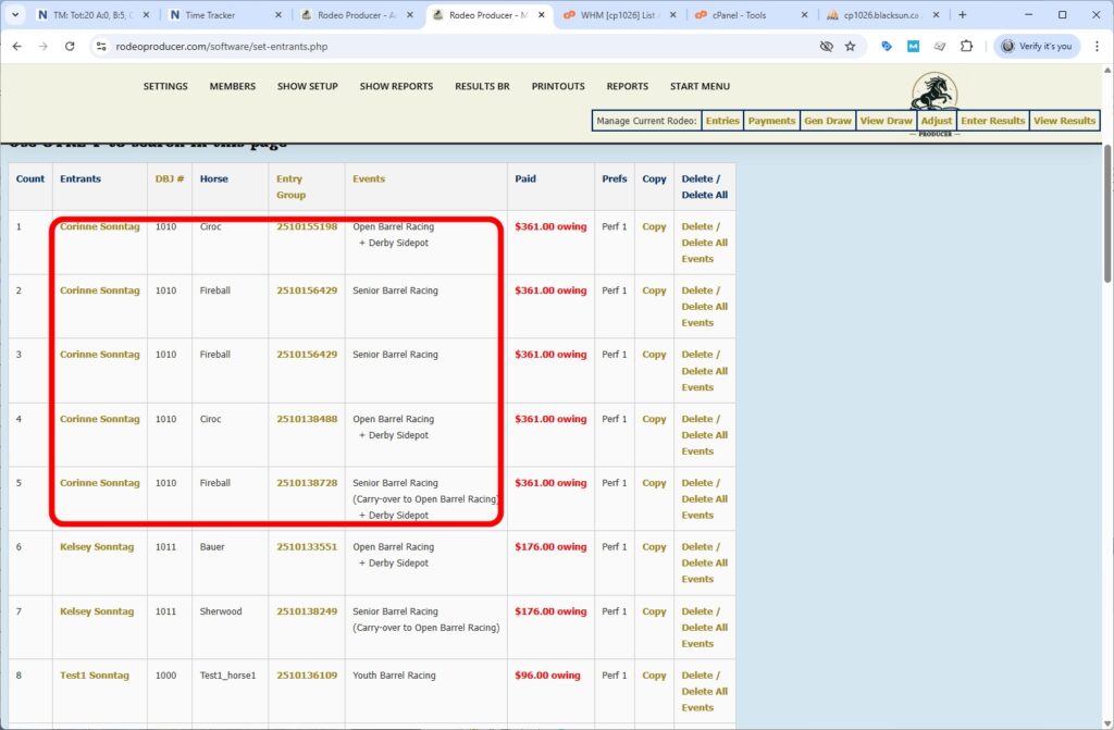 rodeo producer - advanced - bulk entries - barrels - table after multiple