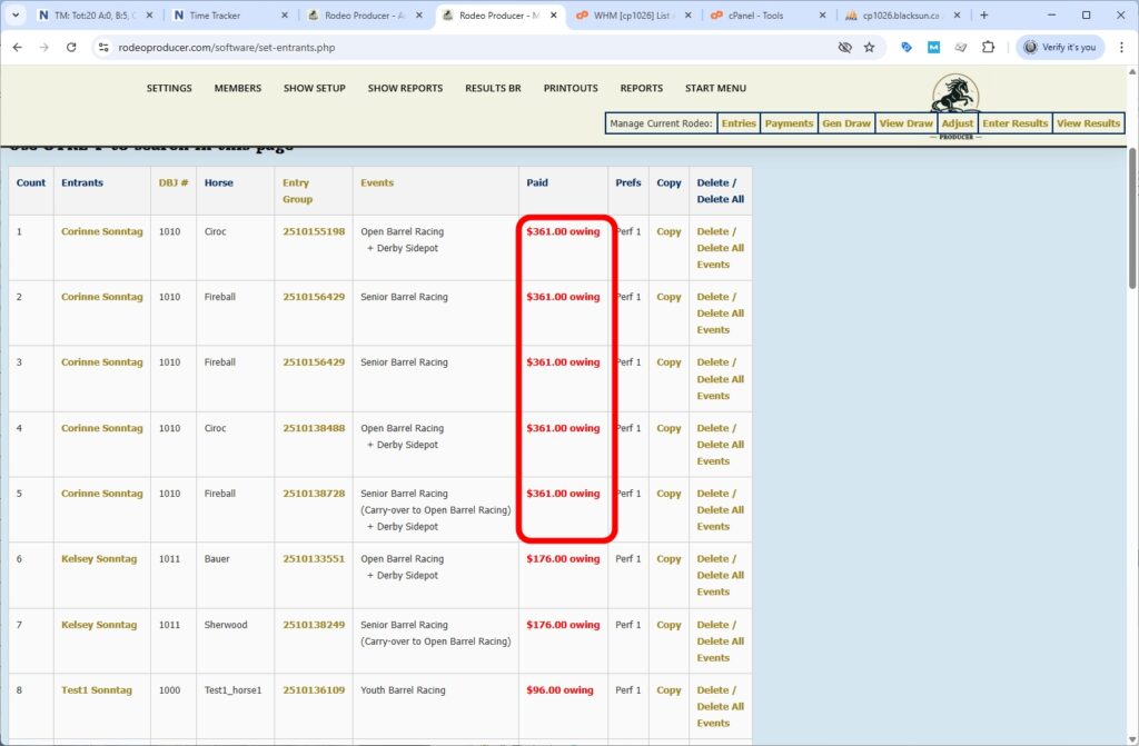 rodeo producer - advanced - bulk entries - barrels - table after owing