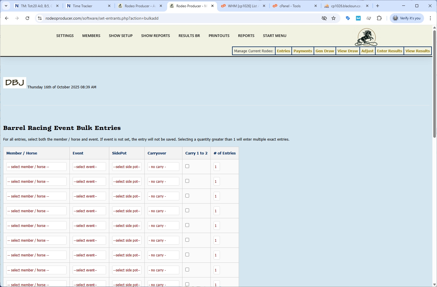 rodeo producer - advanced - bulk entries - barrels - table