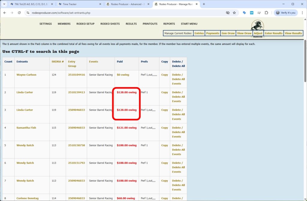 rodeo producer - advanced - bulk entries - rodeo - amounts owing