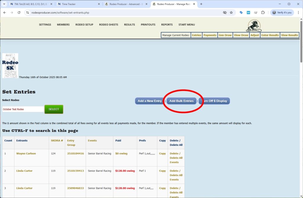rodeo producer - advanced - bulk entries - rodeo - bulk button