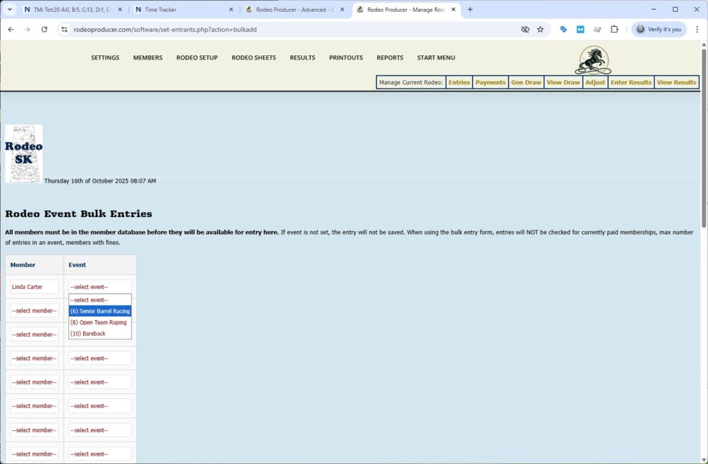 rodeo producer - advanced - bulk entries - rodeo - select event