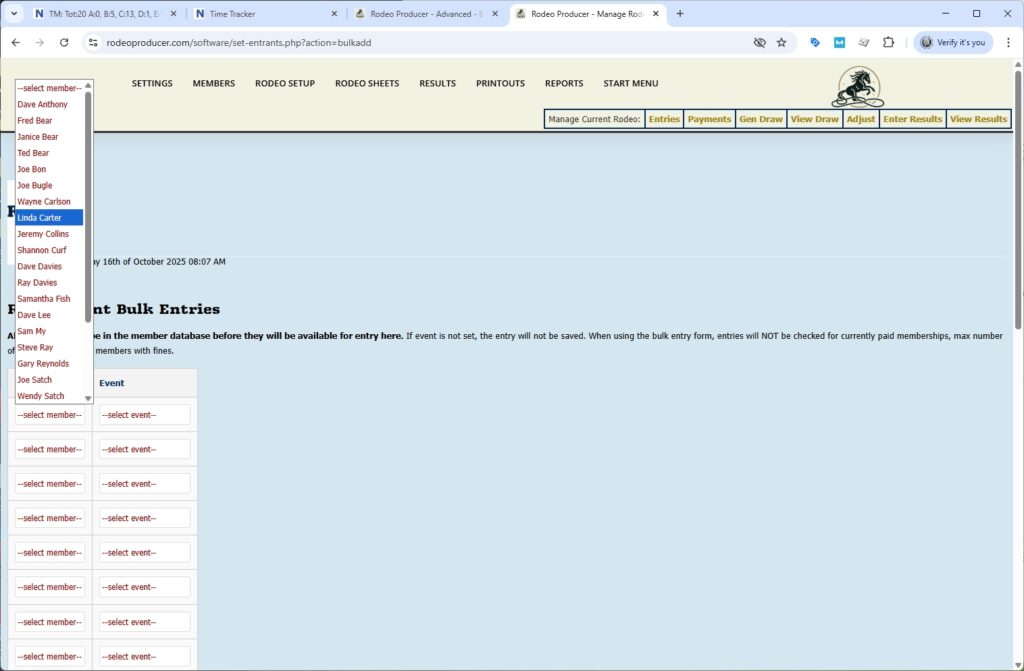 rodeo producer - advanced - bulk entries - rodeo - select member