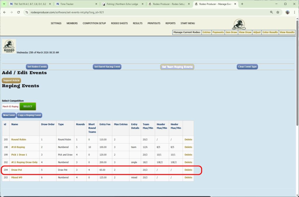 rodeo producer - generate single or short go draws - draw pot event
