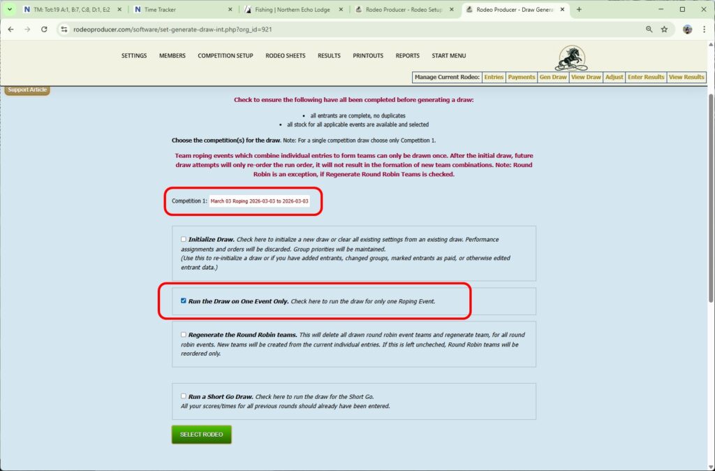 rodeo producer - generate single or short go draws - select competition - single event