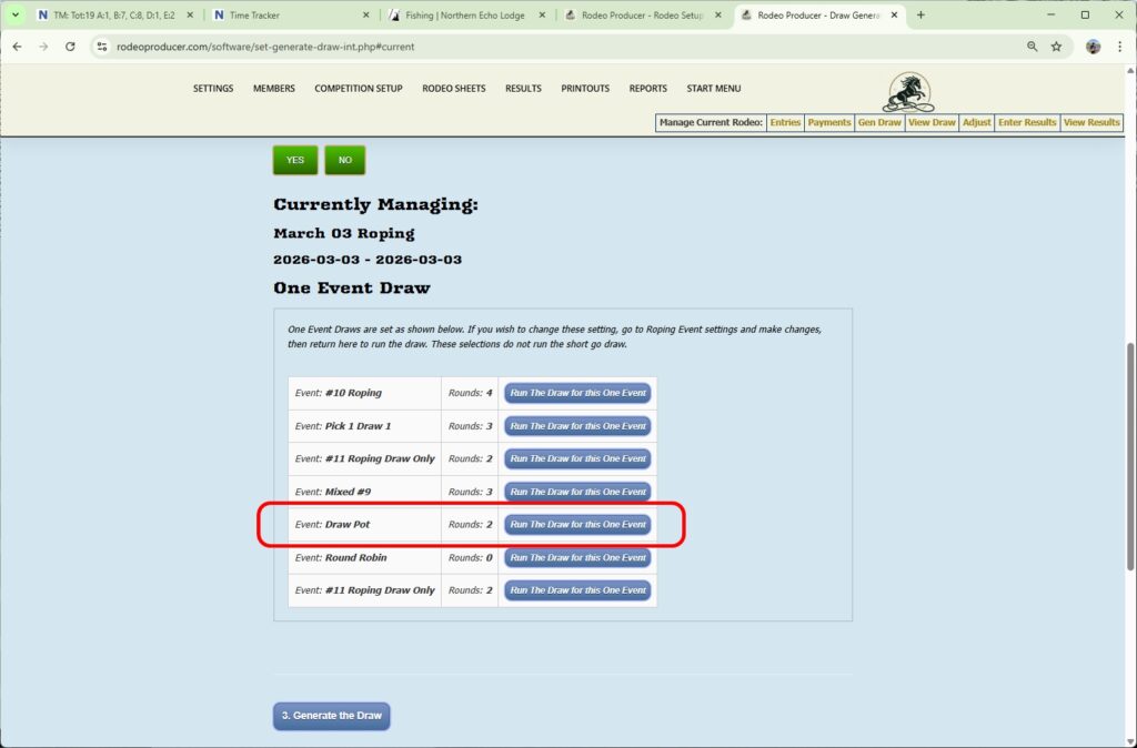 rodeo producer - generate single or short go draws - select competition - single event - draw pot