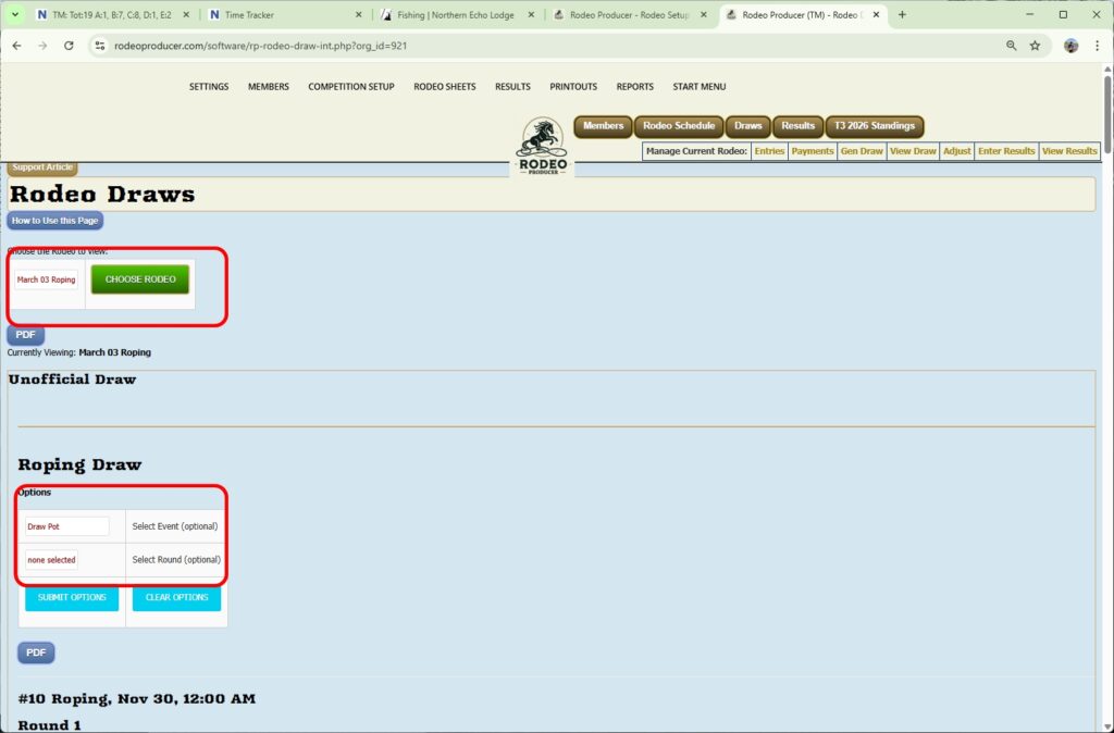 rodeo producer - generate single or short go draws - single event - draw preview