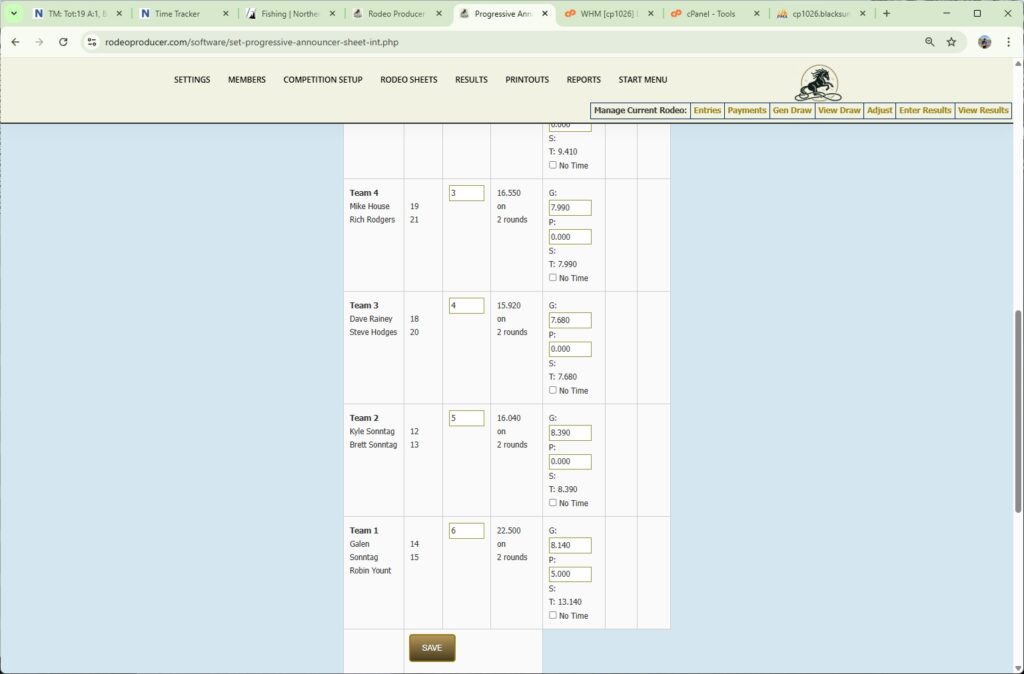 rodeo producer - generate single or short go draws - single event - progressive announcer sheet