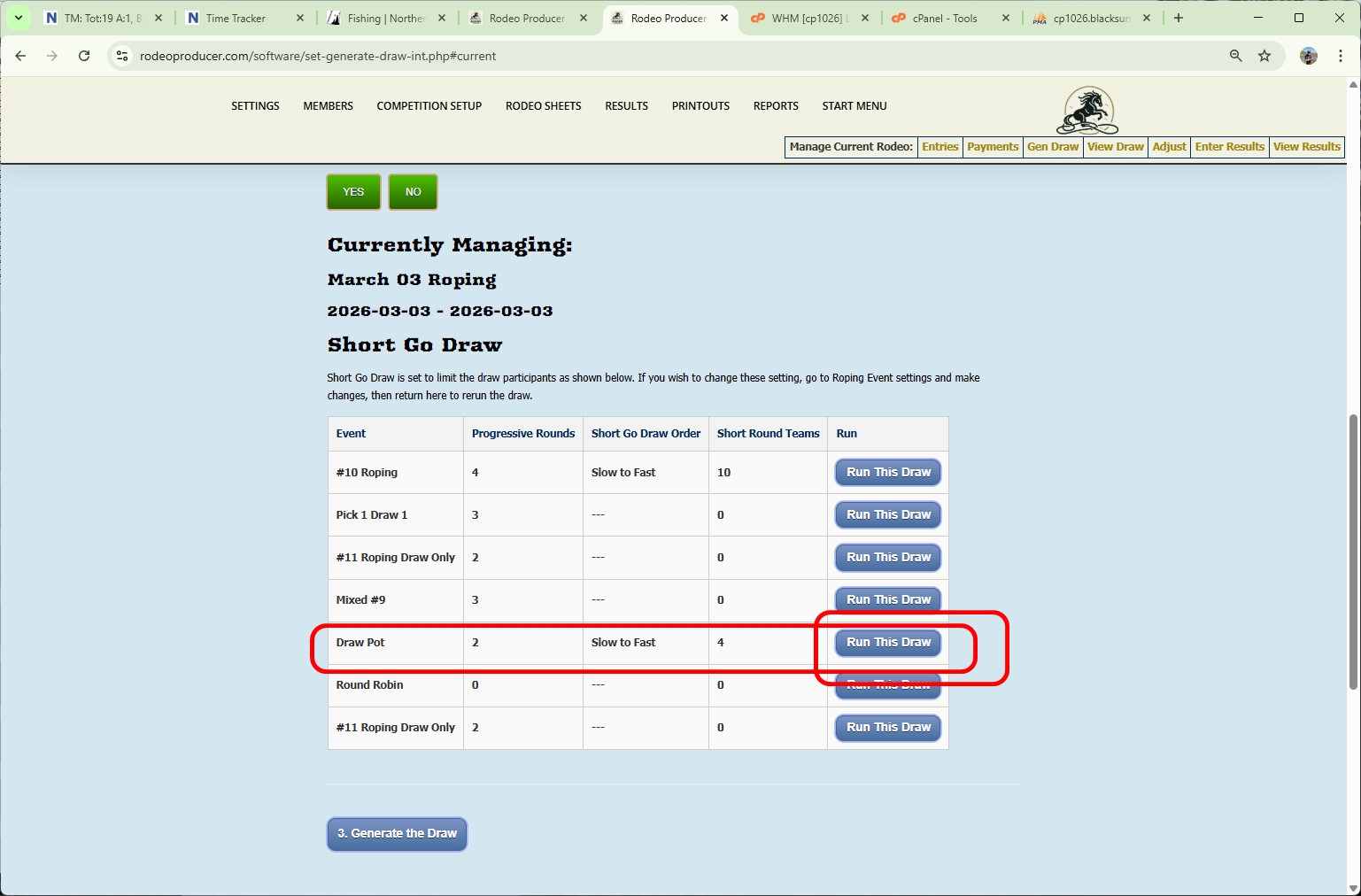 rodeo producer - generate single or short go draws - single event - progressive announcer sheet - short go draw event selection