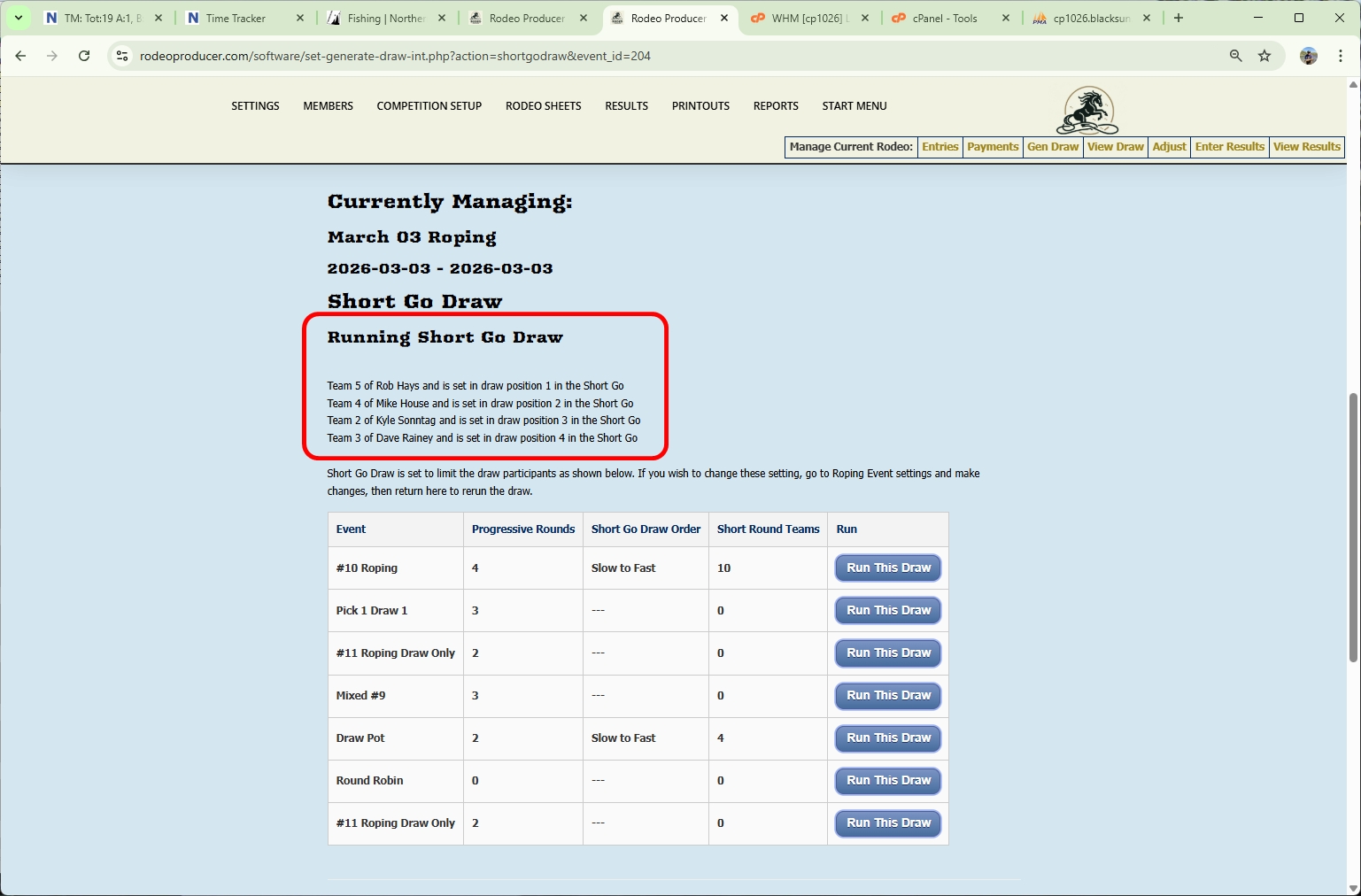 rodeo producer - generate single or short go draws - single event - progressive announcer sheet - short go draw generated