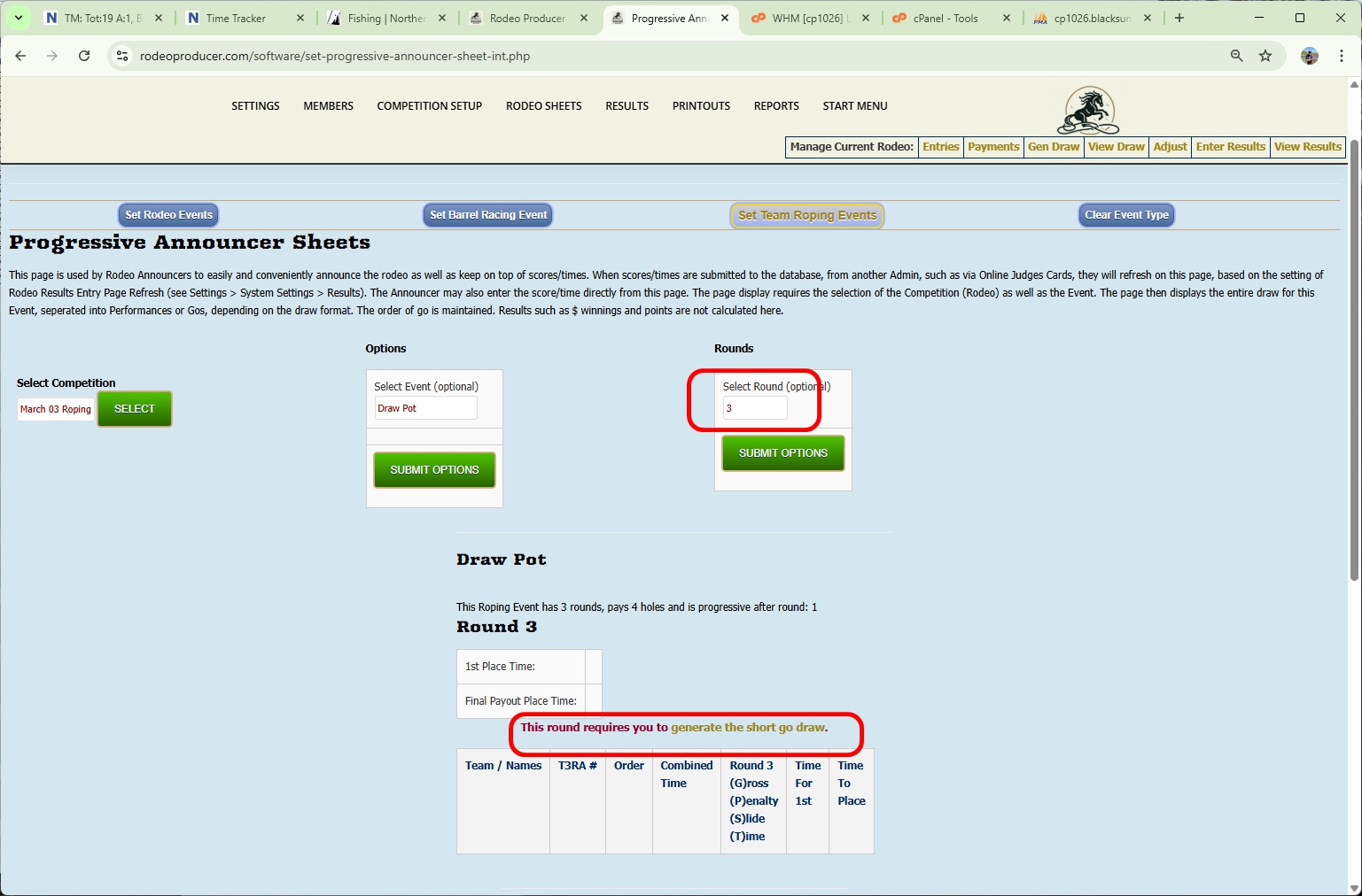 rodeo producer - generate single or short go draws - single event - progressive announcer sheet - short go draw required