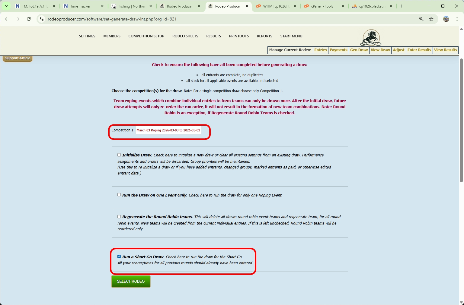 rodeo producer - generate single or short go draws - single event - progressive announcer sheet - short go draw selection