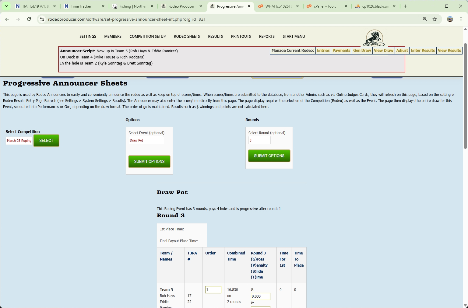 rodeo producer - generate single or short go draws - single event - short go draw - progressive announcer sheet -1