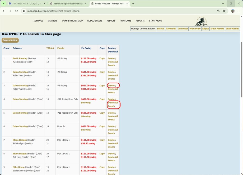 rodeo producer - team roping producer - set entries - delete rodeo producer - team roping producer - set entries - delete